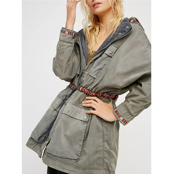 Free People Jackets & Blazers - Free People Poplin Dolman Parka Jacket Green Gray Boho Utility Embroidered XS/S